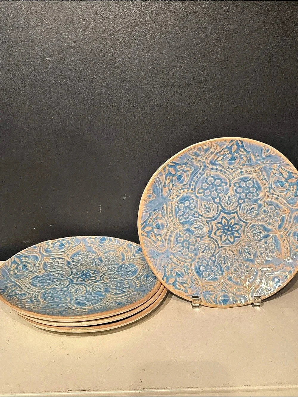 Cynthia Rowley Floral Blue & Tan Decorative Plates Set of 4